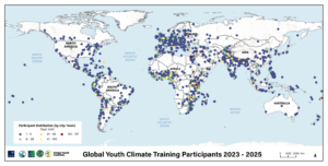 A global map showing where participants were from who took part in the Global Youth Climate Training programme in 2023, 2024 and 2025. The dots on the map represent the cities and towns where participants live.