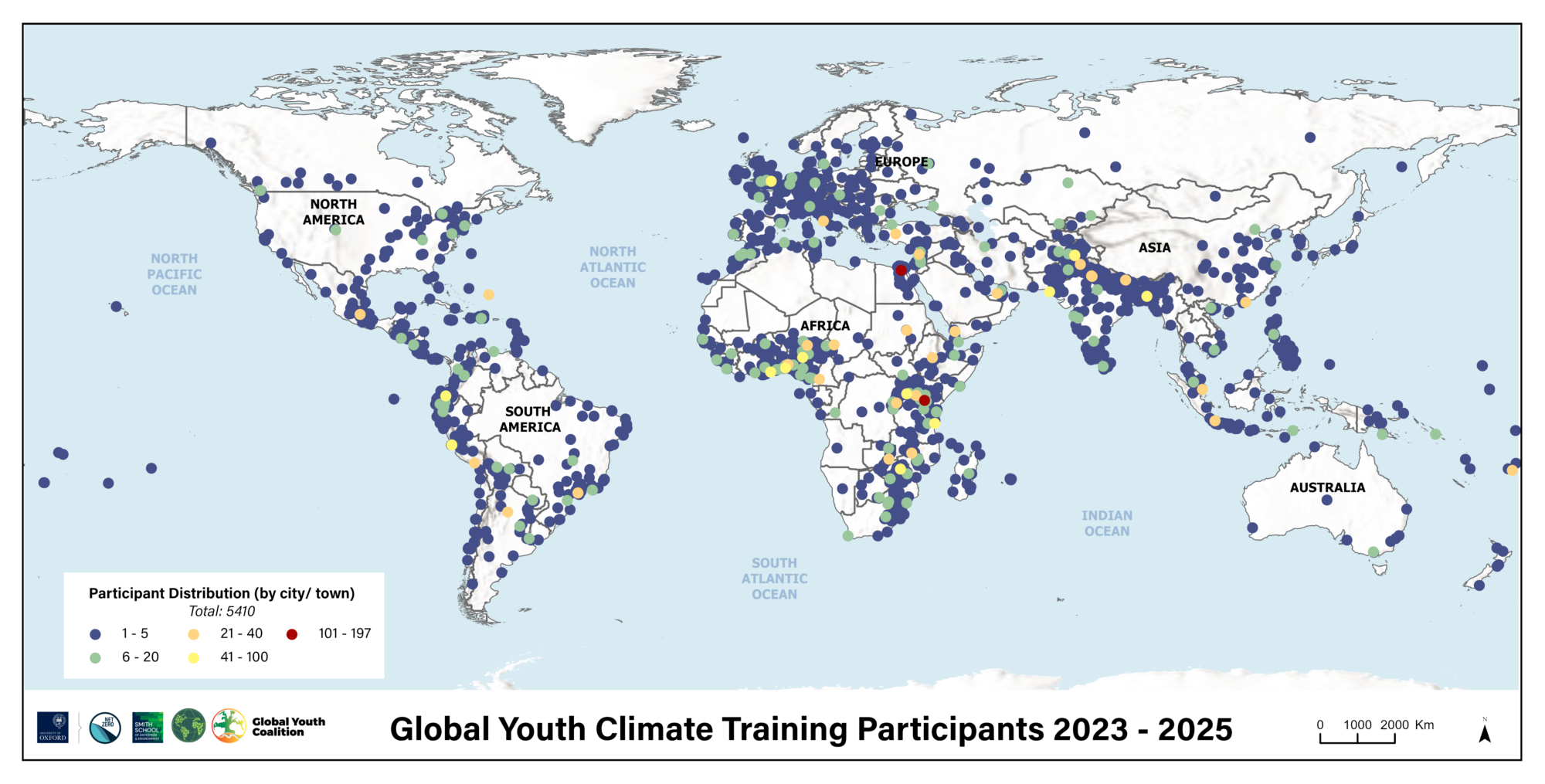 A global map showing where applicants to the Global Youth Climate Training programme were from in 2023, 2024 and 2025.