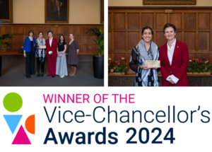 A composite of two photos and a logo. In the first photo, five women stand in a row, smiling. The one in the middle is wearing a suit and the one to her left is holding an award. In the second photo, the woman in the suit is standing next to the woman holding an award. Both are smiling. Both photos are indoors in a room with old-fashioned wood panelling on the walls.